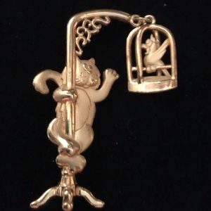 Vintage J. Jonette Cat vs Bird brooch